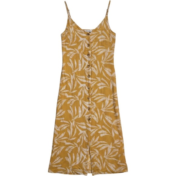 Rip Curl Dresses & Skirts - Rip Curl Mustard Yellow Tropical Leaf Button Front Midi Dress Womens Size Medium